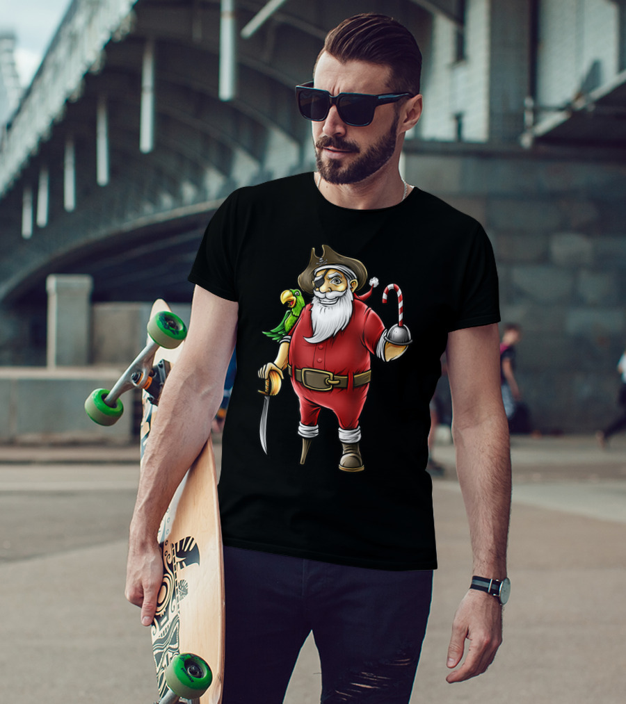 Funny Christmas Pirate Santa With Candy Cane Hook Hand And Parrot T-Shirt