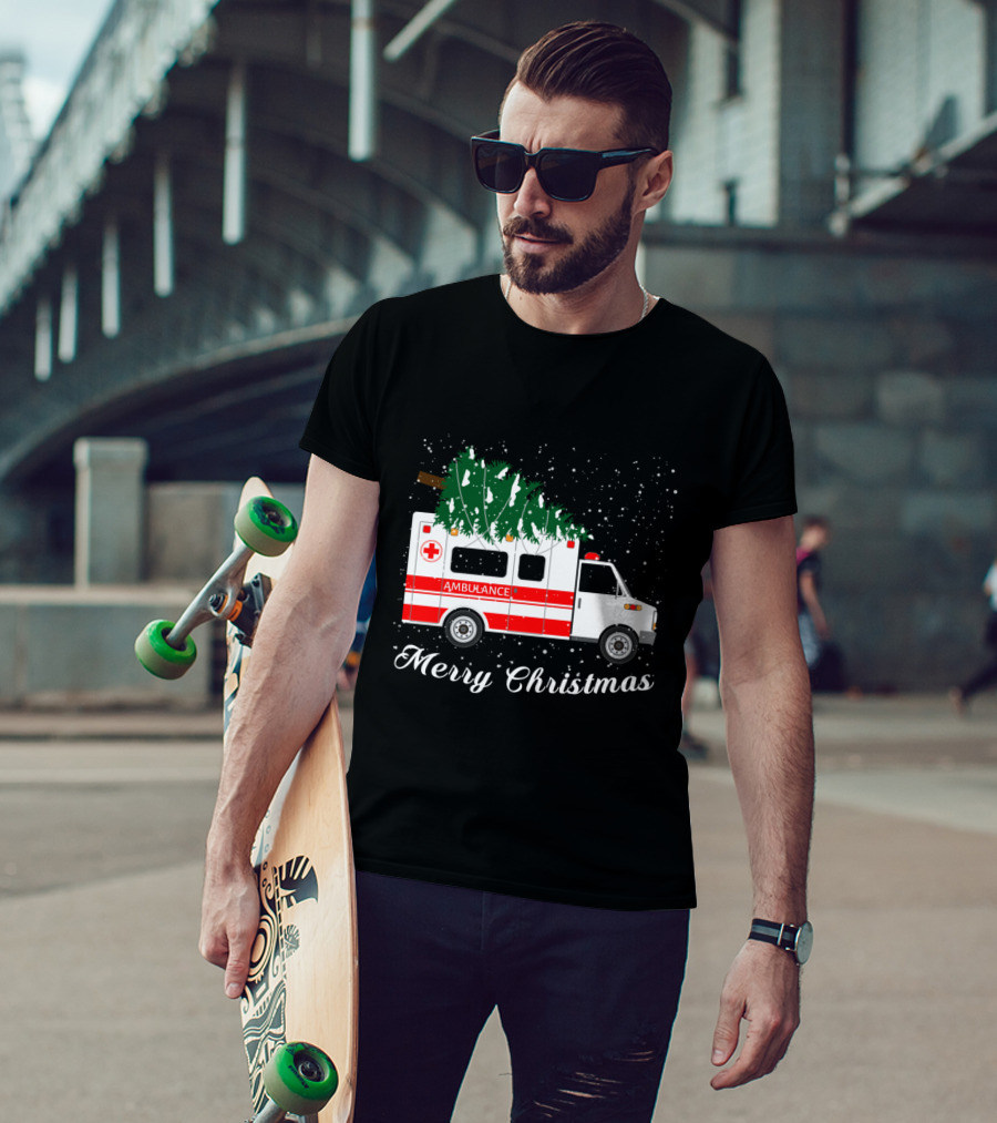 Merry Christmas Ambulance Carrying Christmas Tree In Snowfall T-Shirt