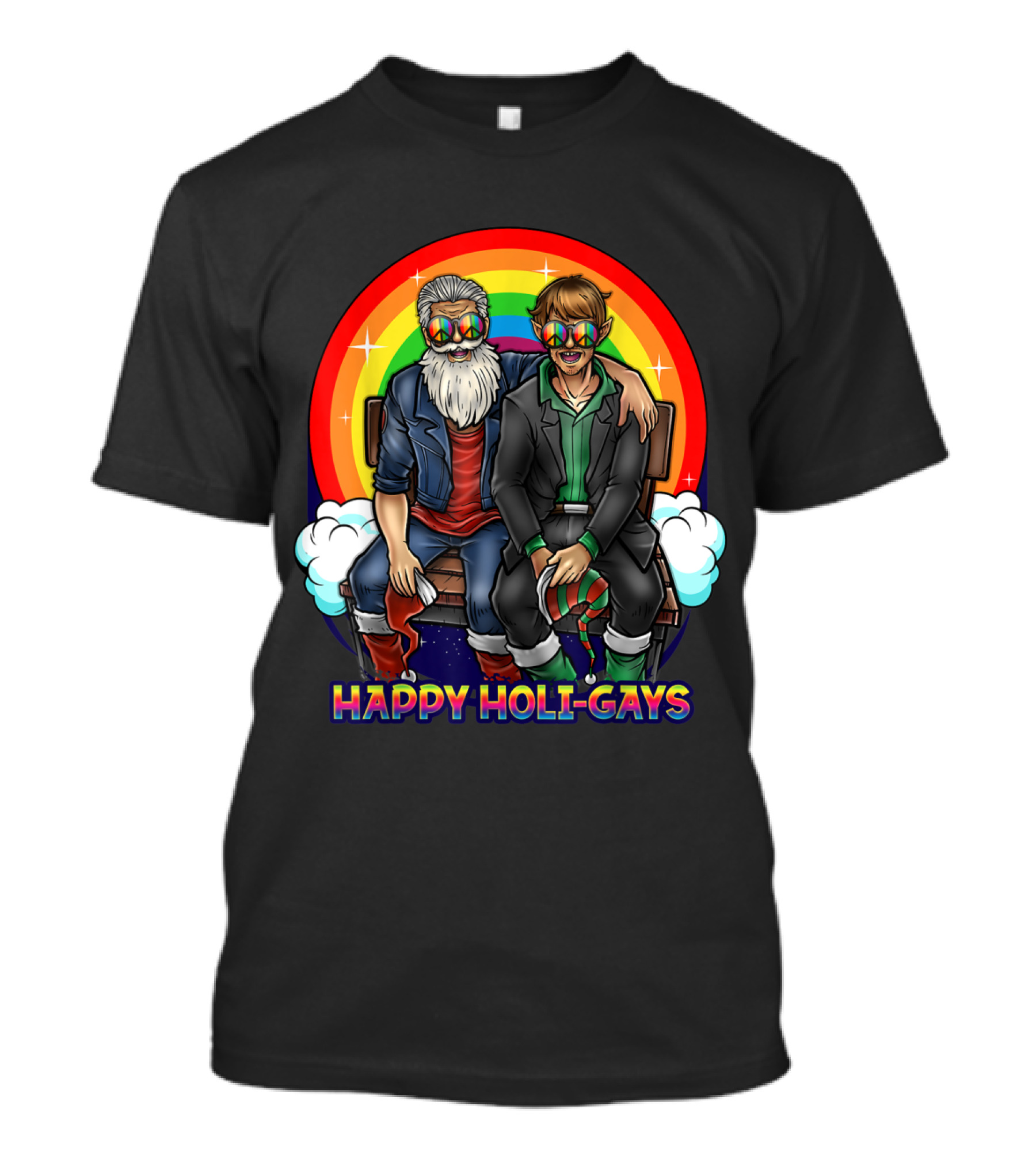 Happy Holi-Gays Funny Rainbow Santa And Elf Christmas T-Shirt