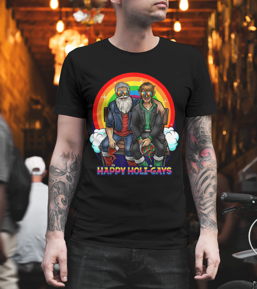 Happy Holi-Gays Funny Rainbow Santa and Elf Christmas T-Shirt