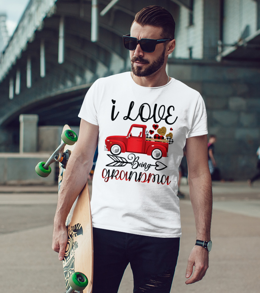 I Love Being Grandma Red Truck With Leopard And Plaid Hearts T-Shirt