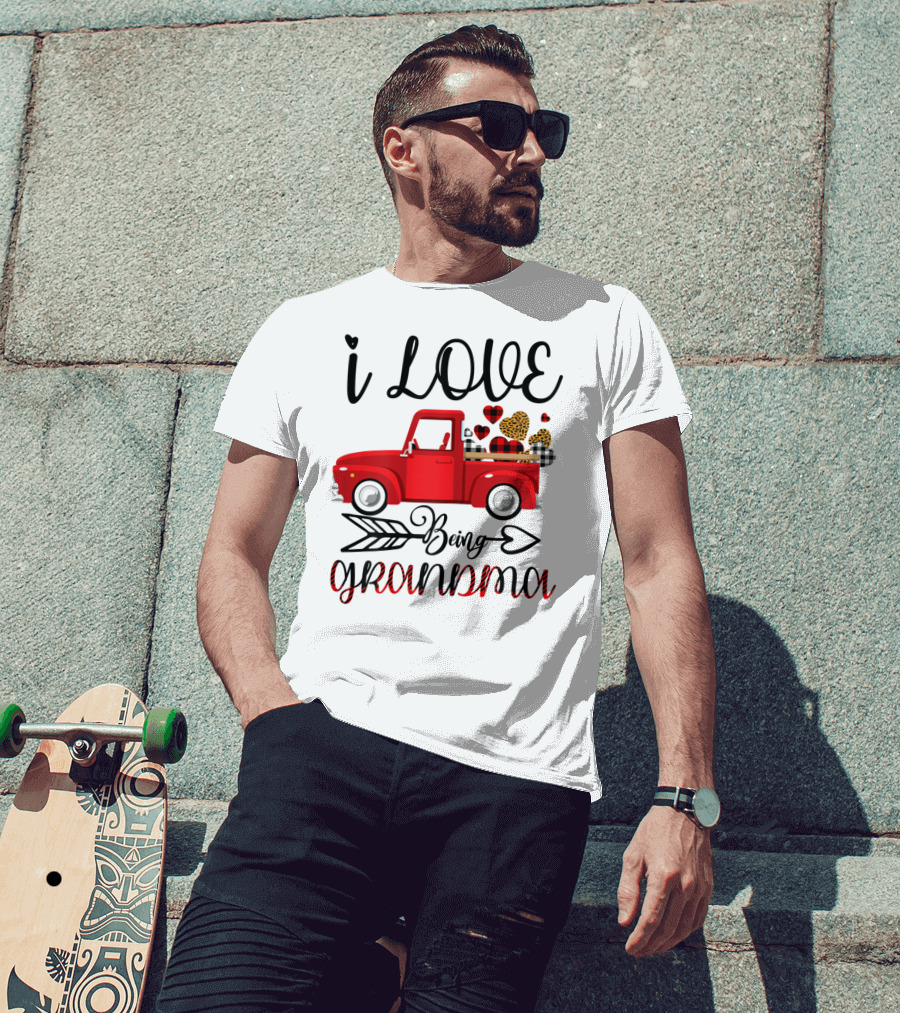 I Love Being Grandma Red Truck With Leopard And Plaid Hearts T-Shirt