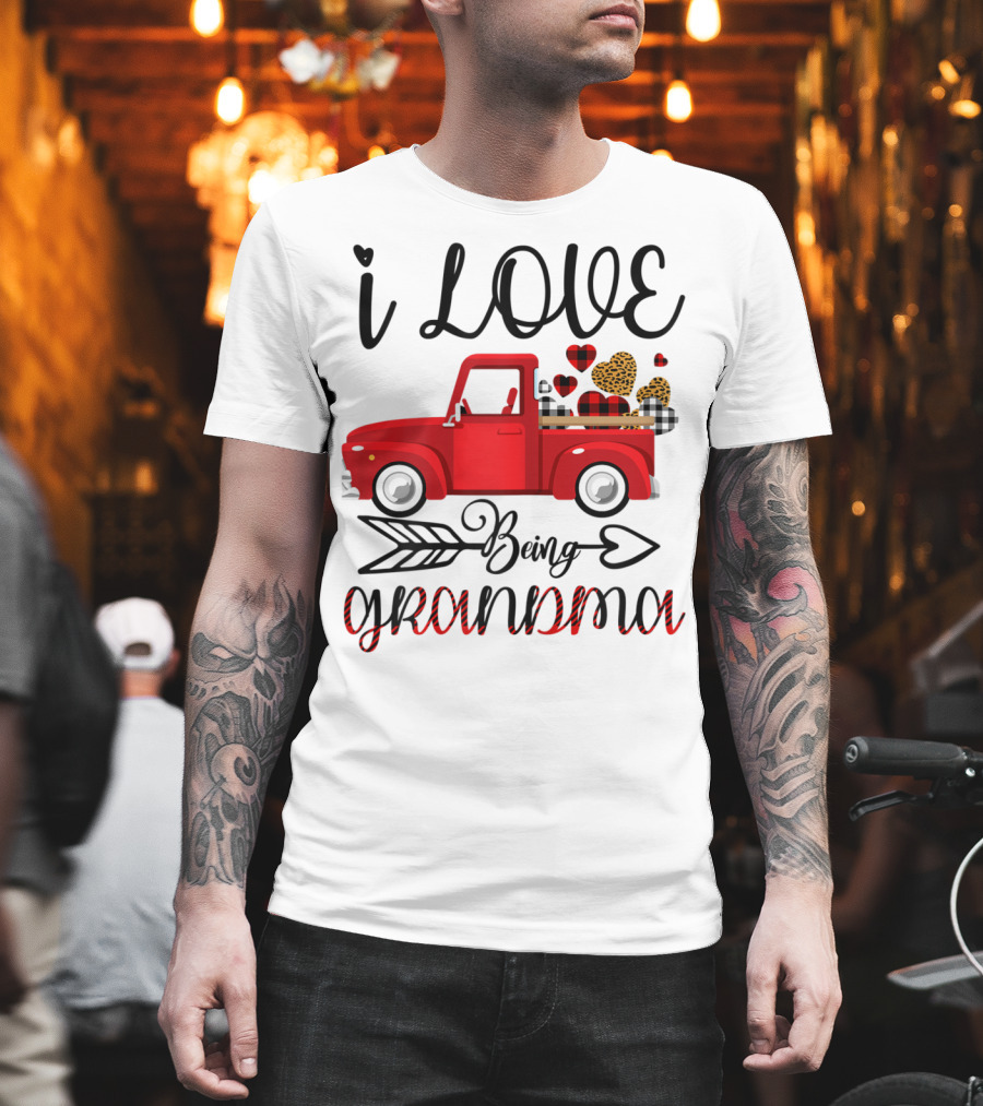 I Love Being Grandma Red Truck With Leopard And Plaid Hearts T-Shirt