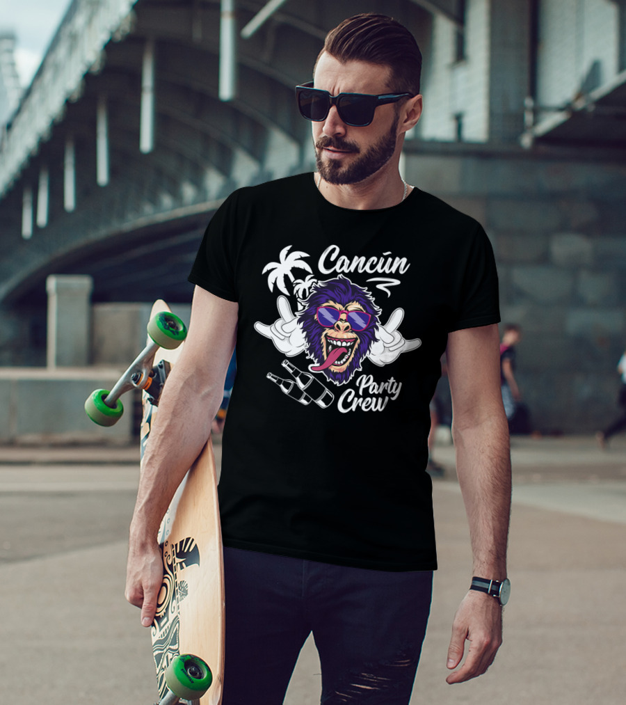 Cancun Party Crew Monkey Fun Vacation With Palm Trees And Bottles T-Shirt