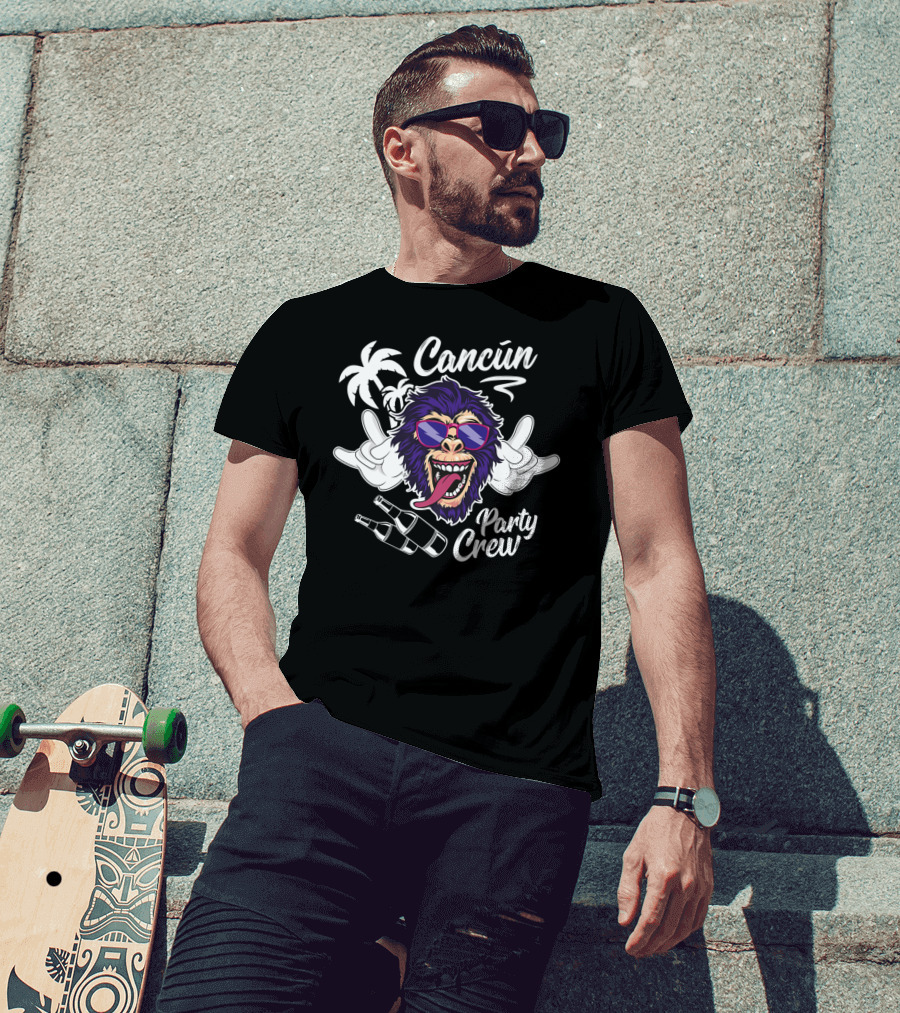 Cancun Party Crew Monkey Fun Vacation With Palm Trees And Bottles T-Shirt