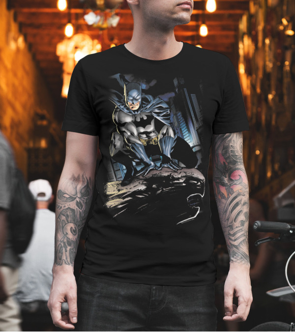 Batman Crouched on Gotham City Rooftop T-Shirt Batman Crouched on Gotham City Rooftop T-Shirt