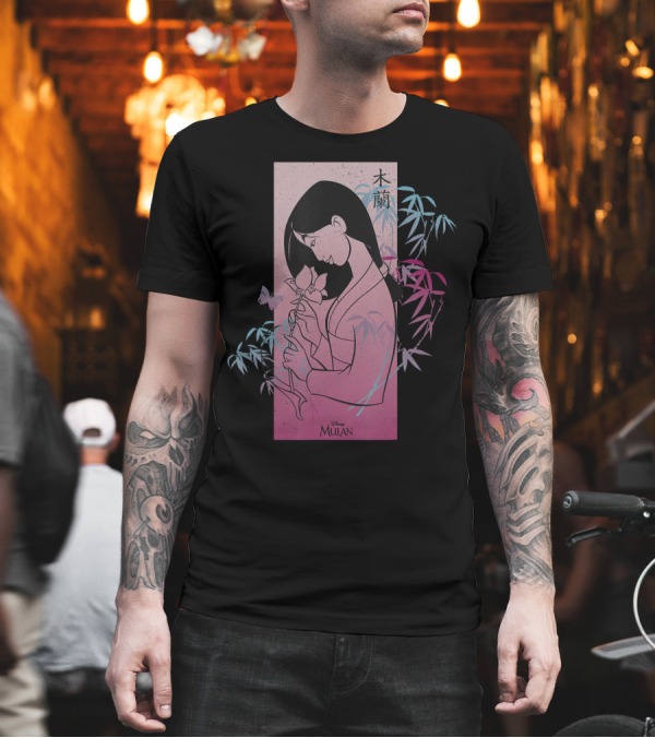Disney Princess Mulan Pink Gradient Japanese Kanji Bamboo Butterfly T-Shirt Disney Princess Mulan Pink Gradient Japanese Kanji Bamboo Butterfly T-Shirt