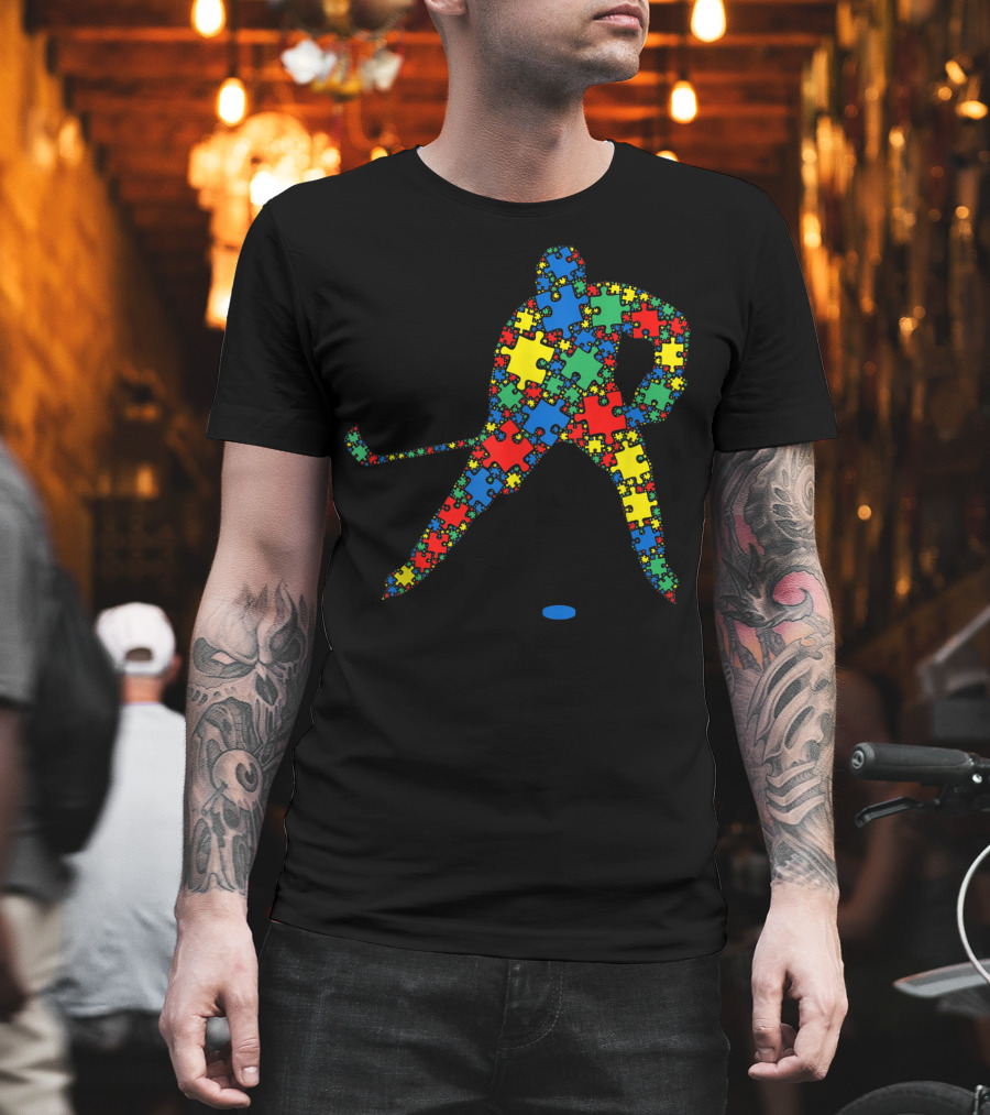 Ice Hockey Puzzle Piece Autism Awareness Men T-Shirt
