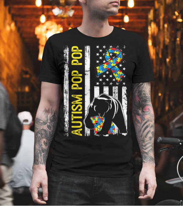 Autism Pop Pop Bear Puzzle Ribbon Distressed American Flag T-Shirt Autism Pop Pop Bear Puzzle Ribbon Distressed American Flag T-Shirt
