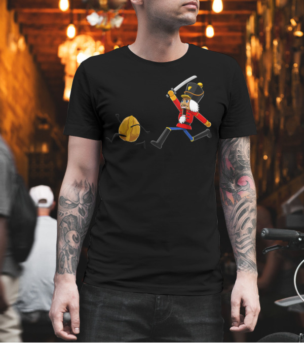 Christmas Nutcracker Chasing Walnut with Sword and Santa Hat T-Shirt Christmas Nutcracker Chasing Walnut with Sword and Santa Hat T-Shirt