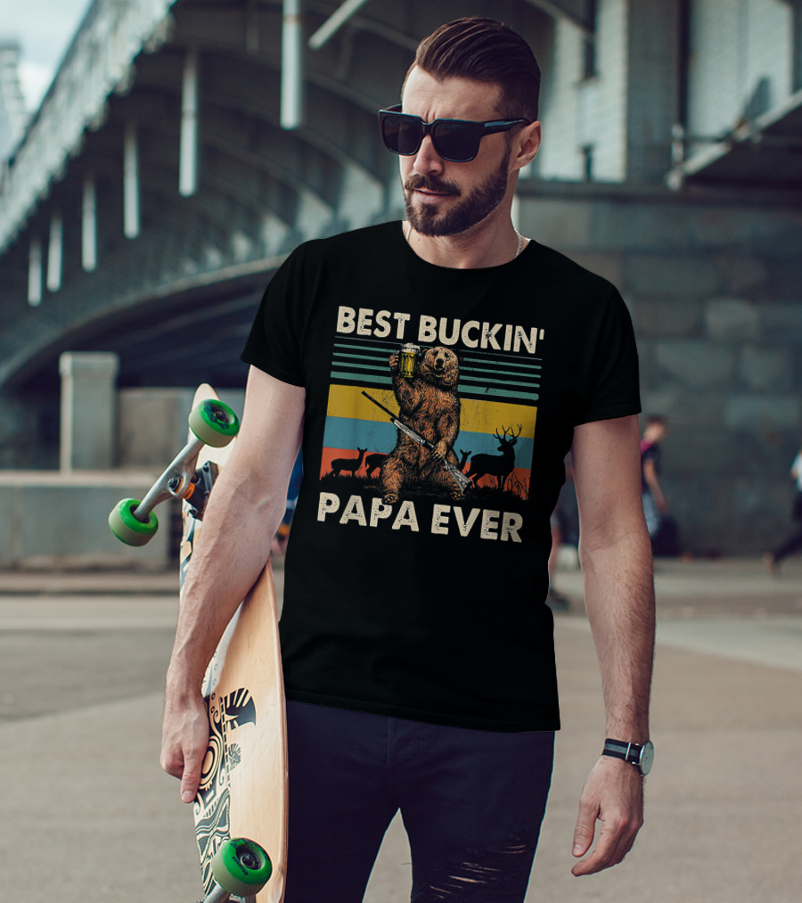 Best Buckin' Papa Ever Bear With Rifle And Deer T-Shirt