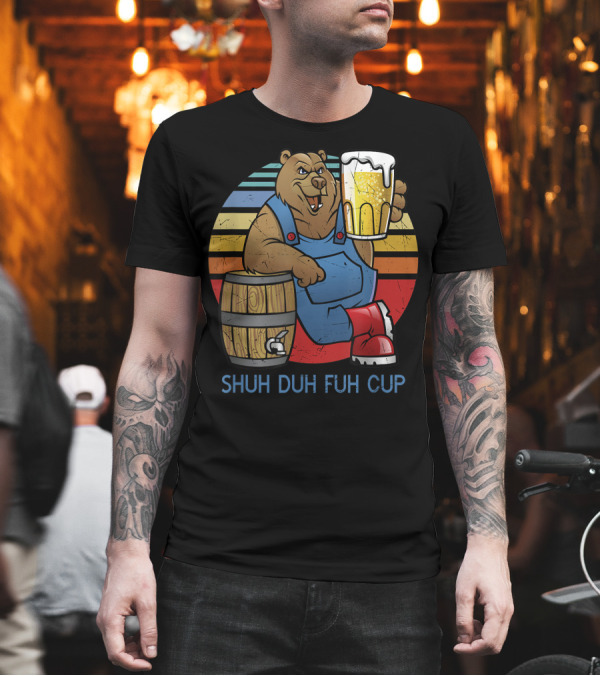 SHUH DUH FUH CUP Great Beer Drinking Bear in Overalls with Retro Stripes and Barrel Boots T-Shirt SHUH DUH FUH CUP Great Beer Drinking Bear in Overalls with Retro Stripes and Barrel Boots T-Shirt