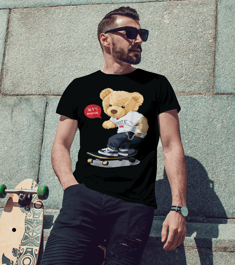 Teddy Bear Skateboarding Let's Move Cute Cartoon Skater T-Shirt