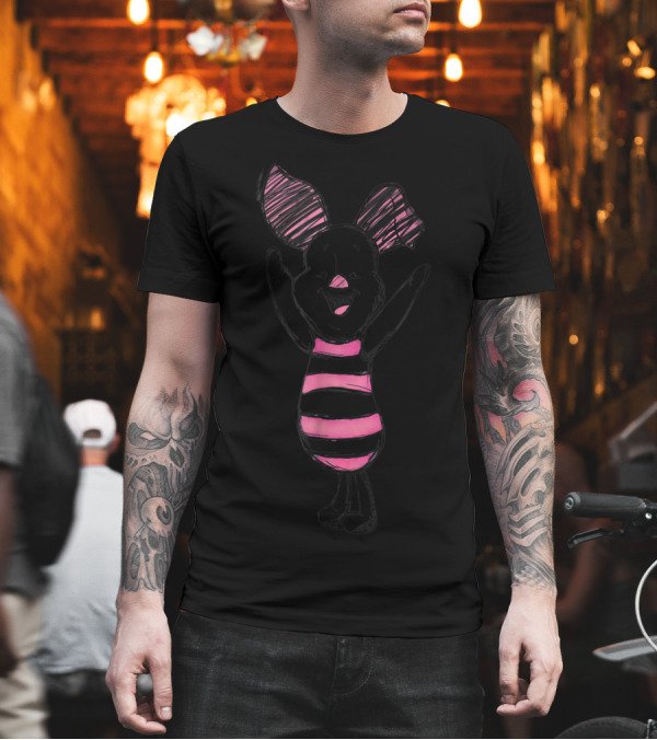 Disney Happy Piglet Sketch Striped Black Pink Ears T-Shirt Disney Happy Piglet Sketch Striped Black Pink Ears T-Shirt