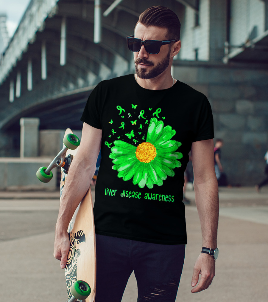 Liver Disease Awareness Daisy Butterfly Green T-Shirt