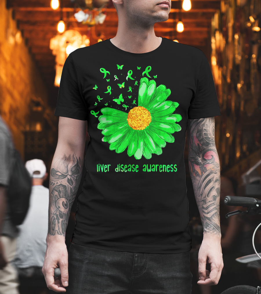 Liver Disease Awareness Daisy Butterfly Green T-Shirt