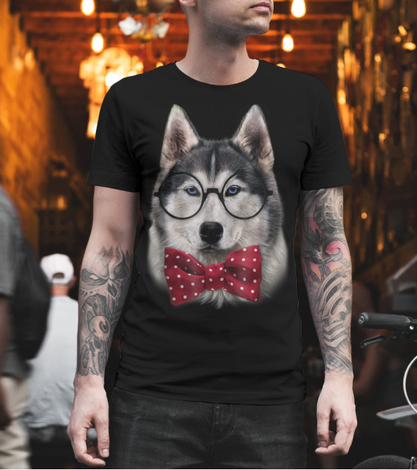 Smart Siberian Husky Glasses Polka Dot Bow Tie Bust T-Shirt Smart Siberian Husky Glasses Polka Dot Bow Tie Bust T-Shirt