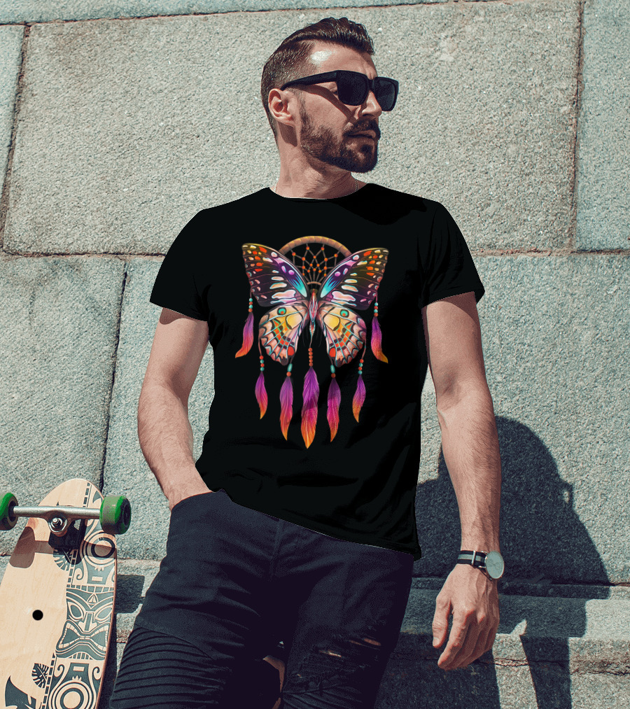 Dreamcatcher Butterfly Feathers Boho Native American Colorful Wings T-Shirt