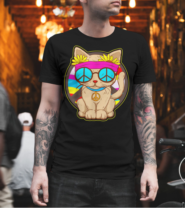 Hippie Cat Peace Flower Power Rainbow Glasses T-Shirt Hippie Cat Peace Flower Power Rainbow Glasses T-Shirt