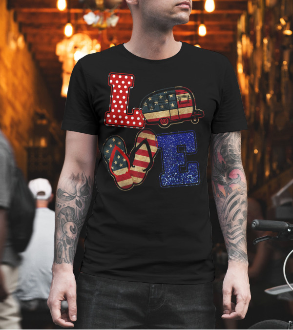Love Camping American Flag Camper and Flip Flop 4th of July T-Shirt Love Camping American Flag Camper and Flip Flop 4th of July T-Shirt