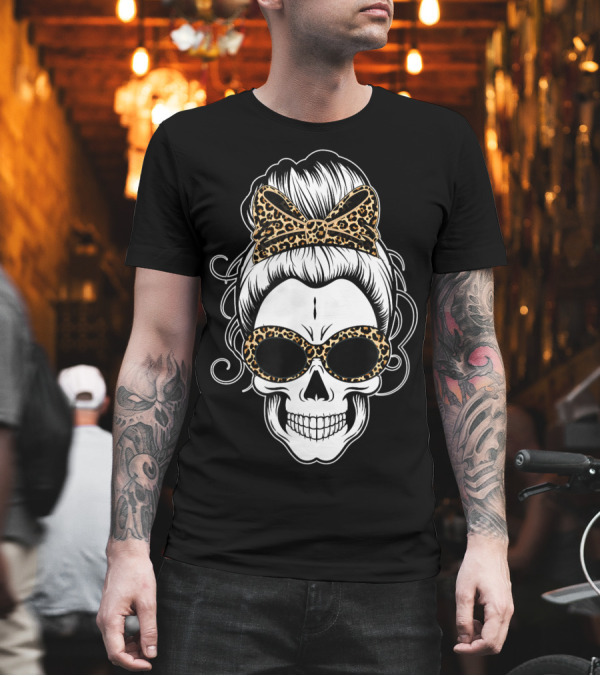 Messy Bun Skull Leopard Print Bow Sunglasses T-Shirt Messy Bun Skull Leopard Print Bow Sunglasses T-Shirt