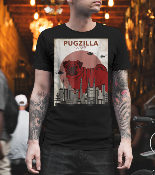 Pugzilla Japanese Movie Poster Style with Helicopters and Cityscape T-Shirt Pugzilla Japanese Movie Poster Style with Helicopters and Cityscape T-Shirt