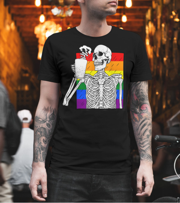 Halloween Coffee Drinking Skeleton Skull Rainbow Pride Awareness T-Shirt Halloween Coffee Drinking Skeleton Skull Rainbow Pride Awareness T-Shirt