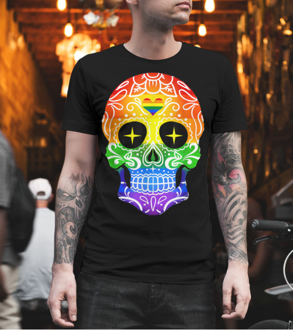 Rainbow Sugar Skull With Heart Día de los Muertos T-Shirt Rainbow Sugar Skull With Heart Día de los Muertos T-Shirt