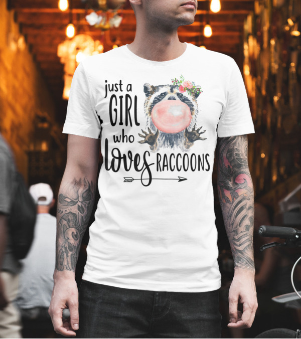 Just A Girl Who Loves Raccoons Cute Raccoon with Flowers and Bubblegum T-Shirt Just A Girl Who Loves Raccoons Cute Raccoon with Flowers and Bubblegum T-Shirt