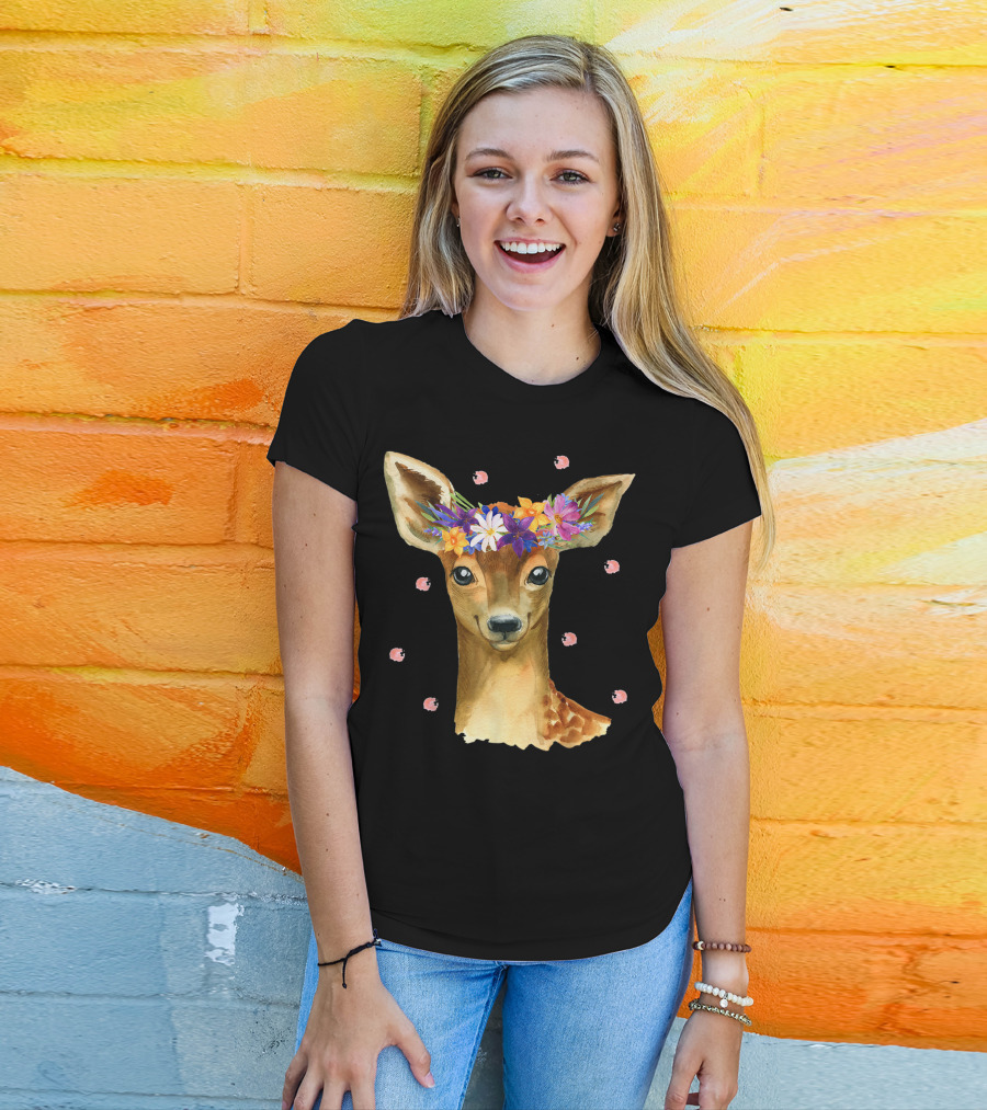 Cute Deer Girl Fawn Deer Costume Floral Crown Deer 9P T-Shirt
