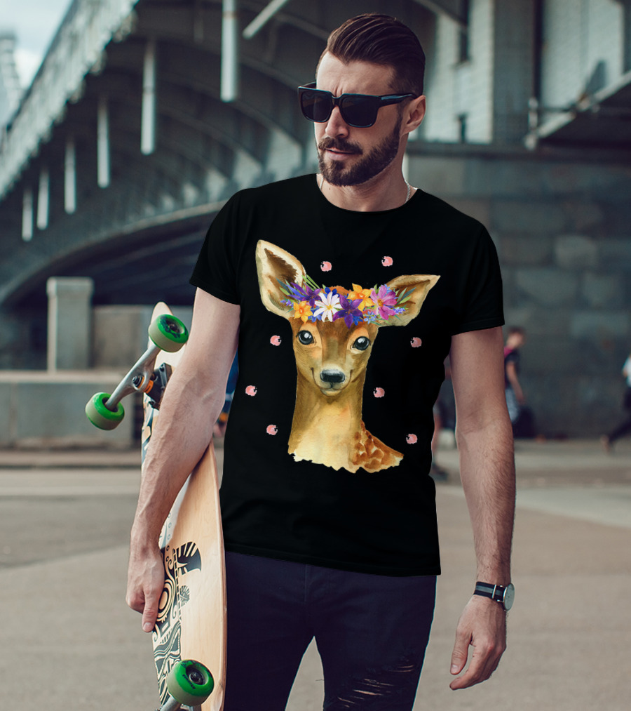 Cute Deer Girl Fawn Deer Costume Floral Crown Deer 9P T-Shirt