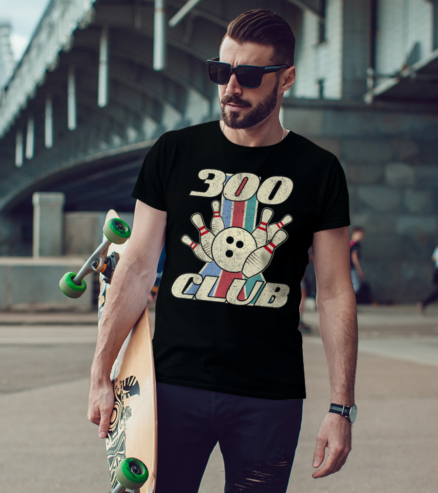 300 Club Bowling Distressed Perfect Game Retro Bowling Pins And Ball T-Shirt