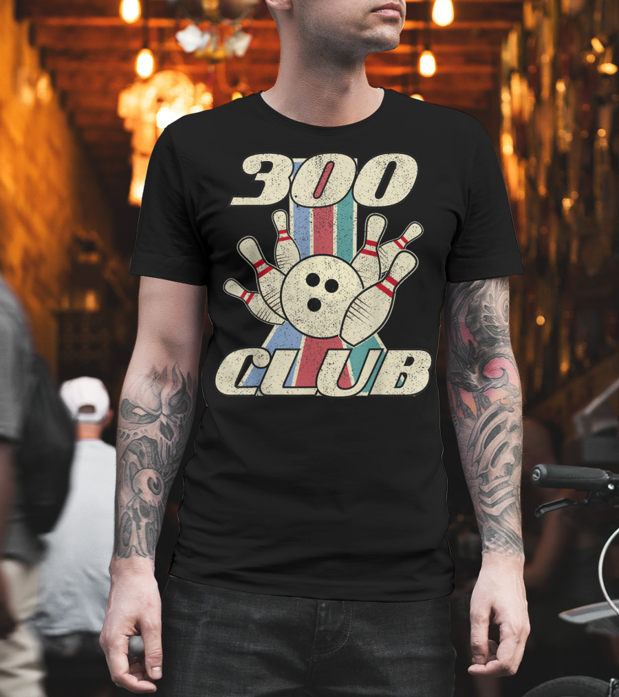 300 Club Bowling Distressed Perfect Game Retro Bowling Pins and Ball T-Shirt