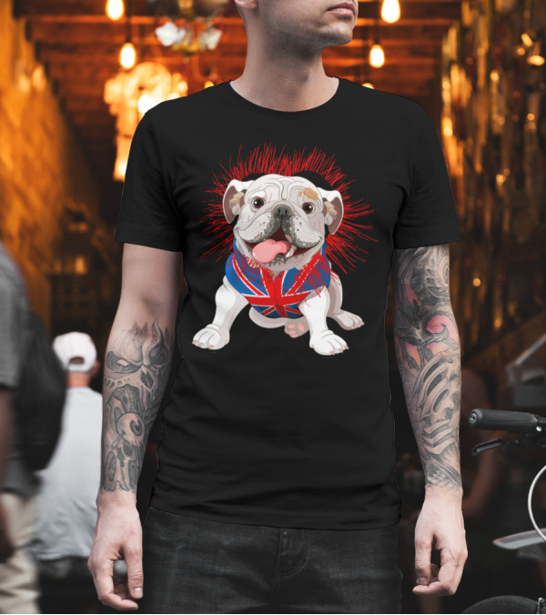 English Bulldog Wearing Union Jack Sweater with Bold Red Accents T-Shirt English Bulldog Wearing Union Jack Sweater with Bold Red Accents T-Shirt
