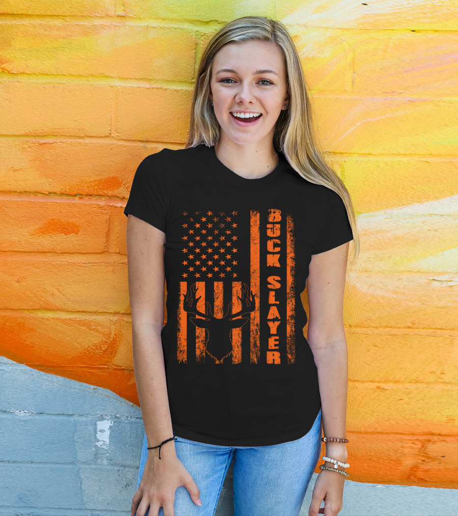 Hunting Blaze Orange Buck Slayer Patriotic Flag Deer T-Shirt