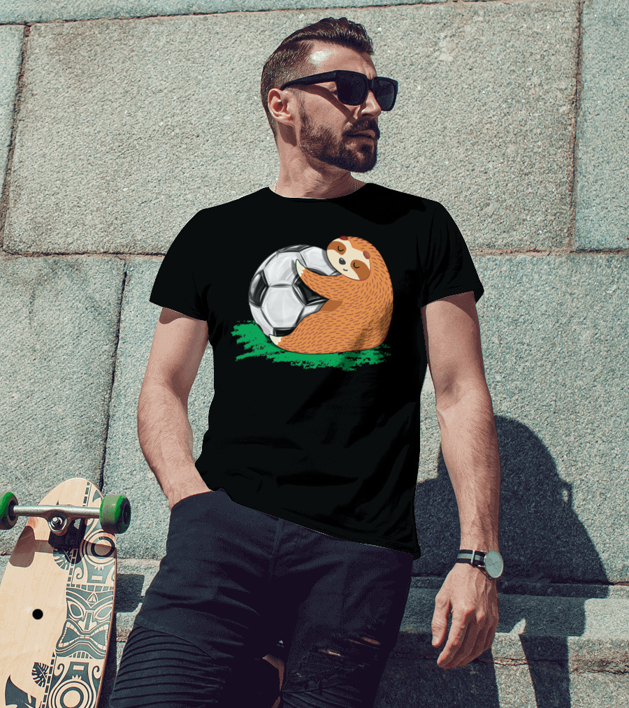 Lazy Sloth Soccer Lover Team Ball Sport Hugging Giant Soccer Ball T-Shirt
