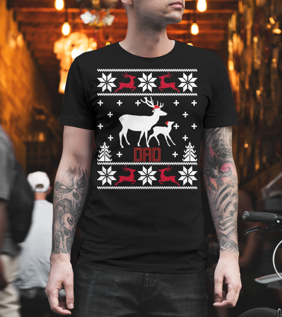 Matching Family Dad Reindeer Santa Hat Snowflakes Christmas T-Shirt