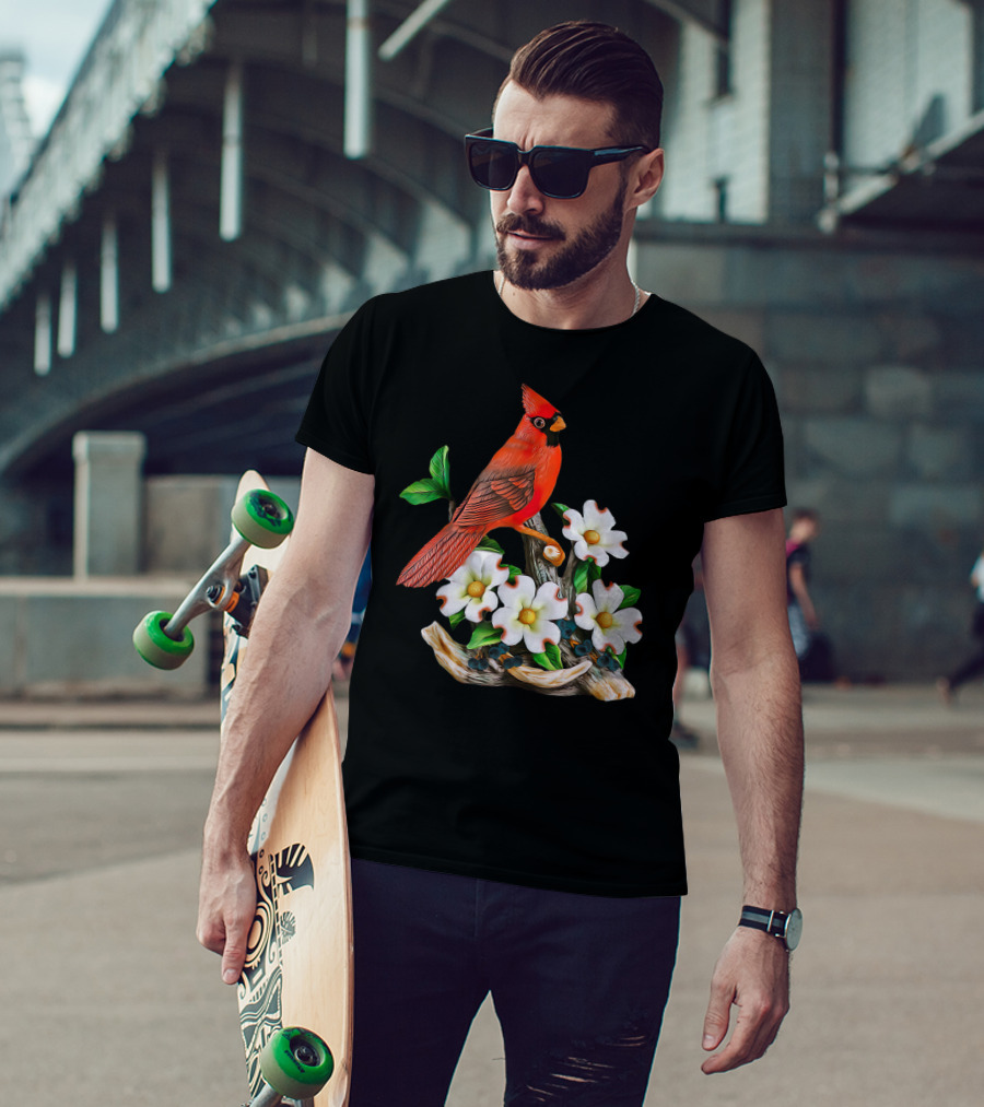Red Cardinal Birds With White Flowering Blossoms T-Shirt