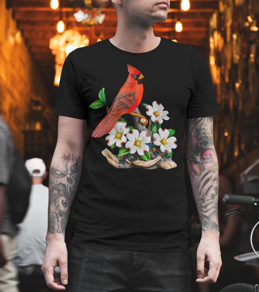 Red Cardinal Birds With White Flowering Blossoms T-Shirt