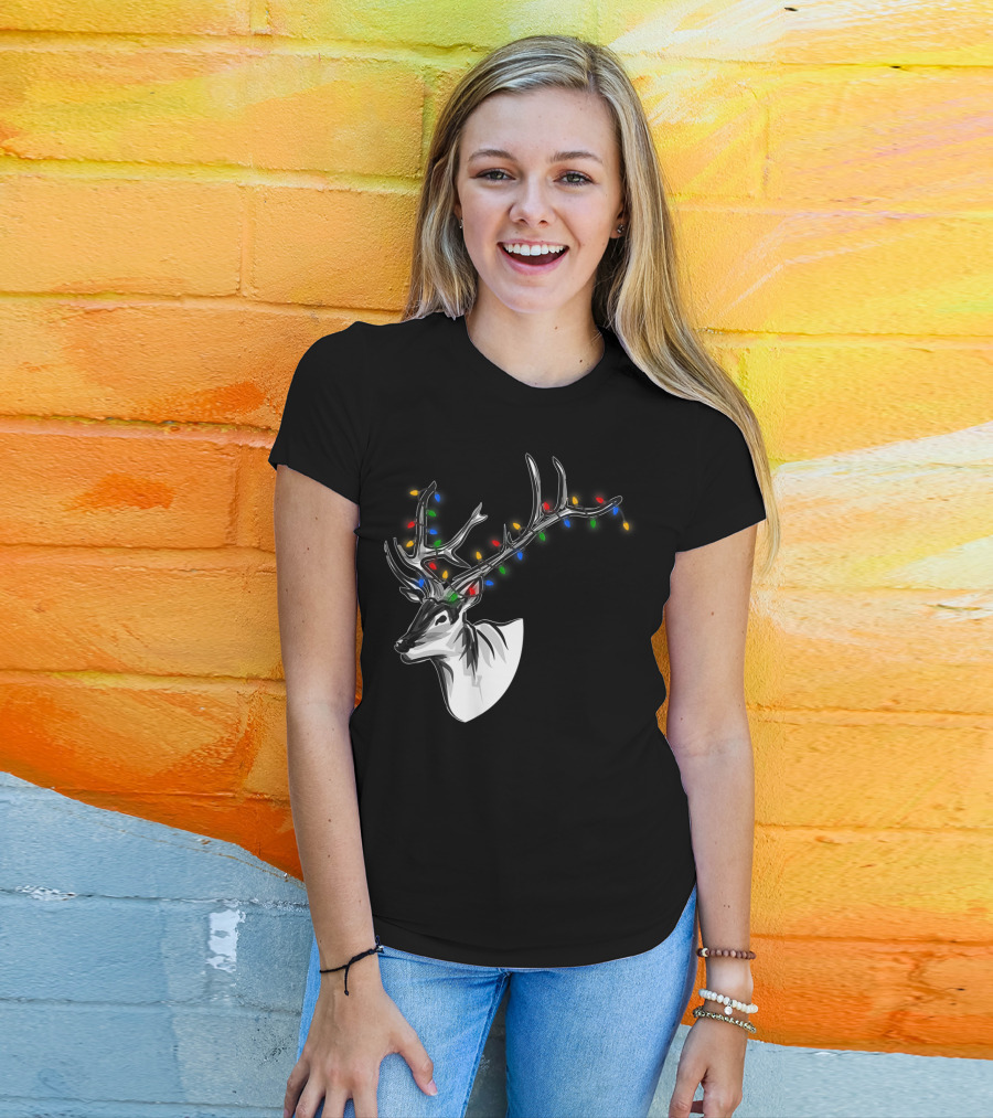 Reindeer Christmas Lights Funny Animal Decorated Antlers Festive Humor T-Shirt