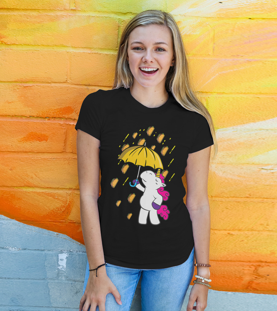 Its Raining Tacos Funny Unicorn Holding Yellow Umbrella T-Shirt