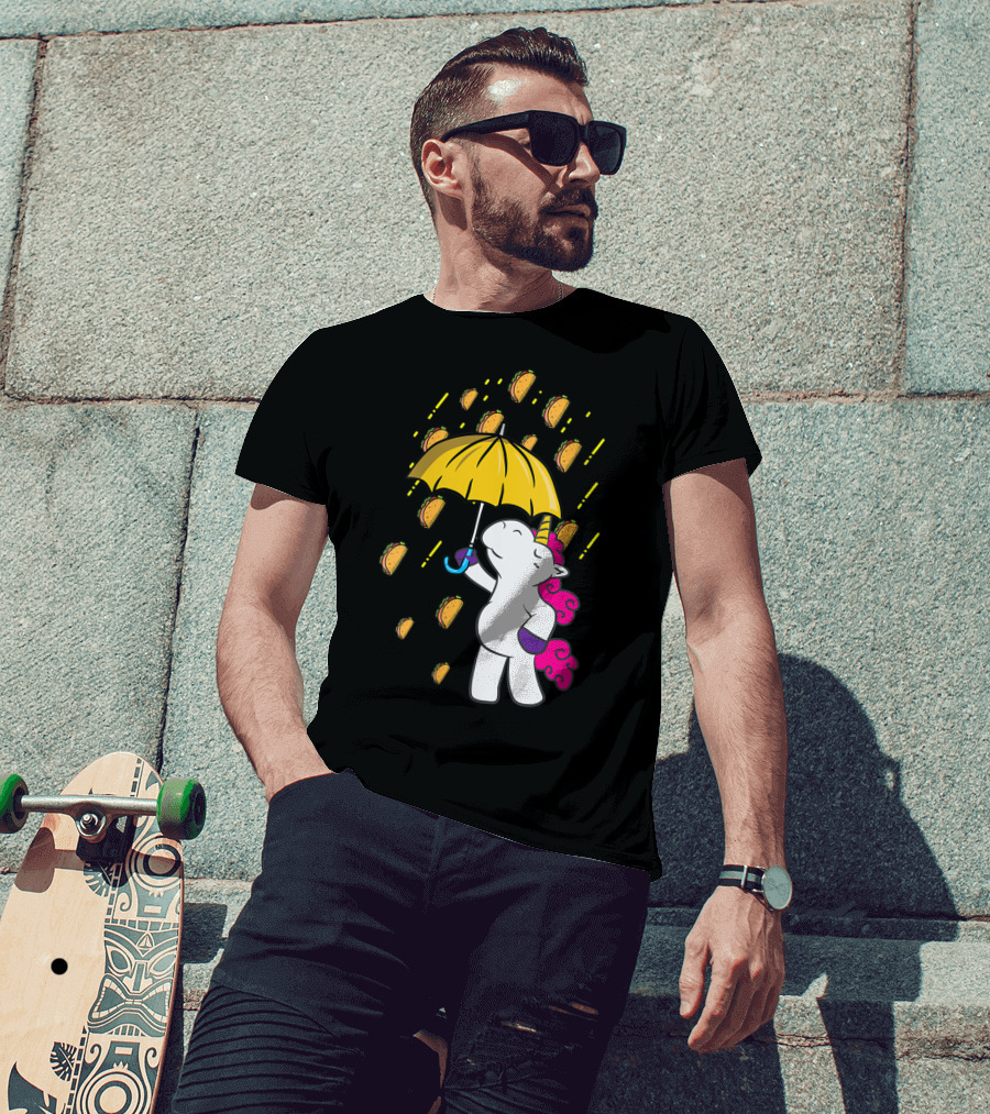 Its Raining Tacos Funny Unicorn Holding Yellow Umbrella T-Shirt