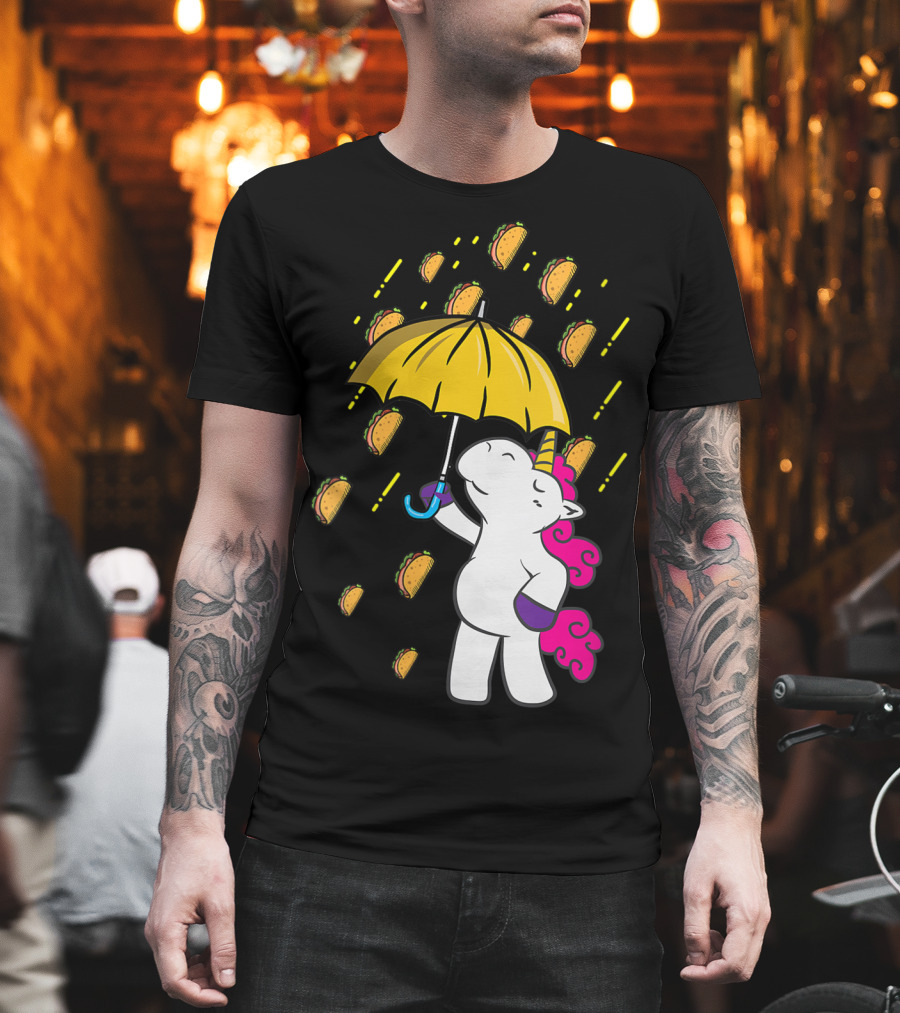 Its Raining Tacos Funny Unicorn Holding Yellow Umbrella T-Shirt