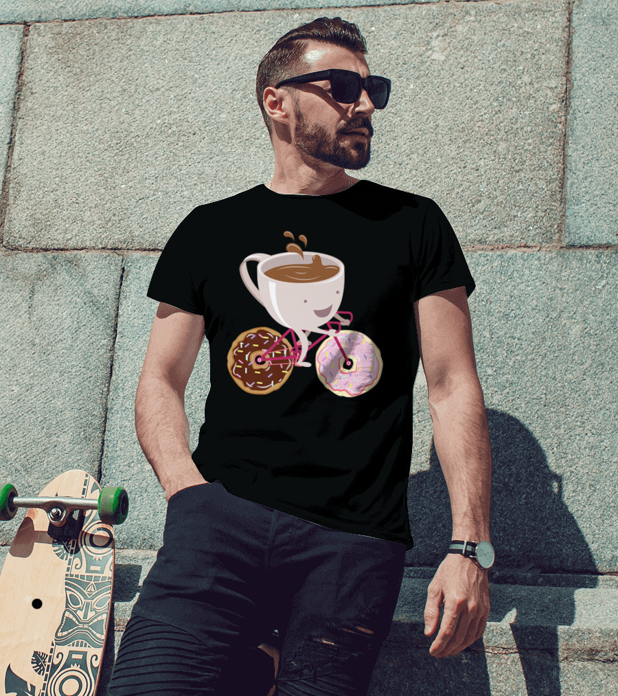 Coffee Cup Riding Bicycle With Donut Wheels Hand Drawn T-Shirt