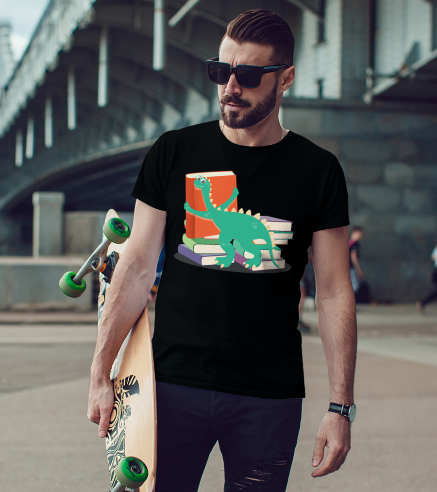 Cute Dinosaur Hugging Books For Bookish Literary Nerds T-Shirt