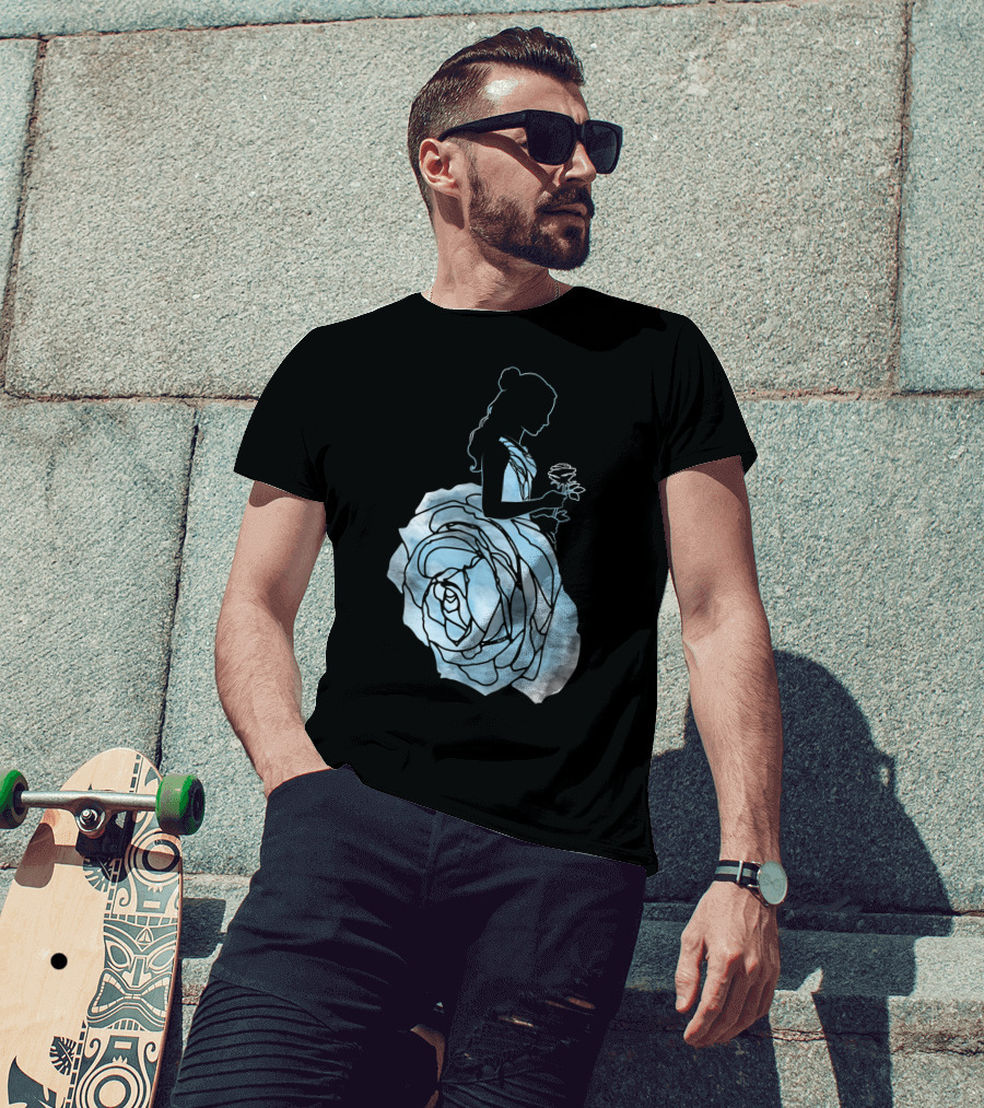 Disney Beauty And The Beast Belle Silhouette Blue Rose Dress T-Shirt