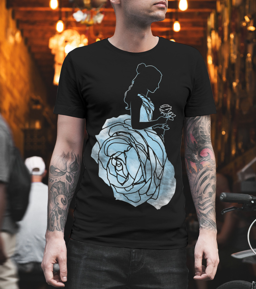 Disney Beauty And The Beast Belle Silhouette Blue Rose Dress T-Shirt