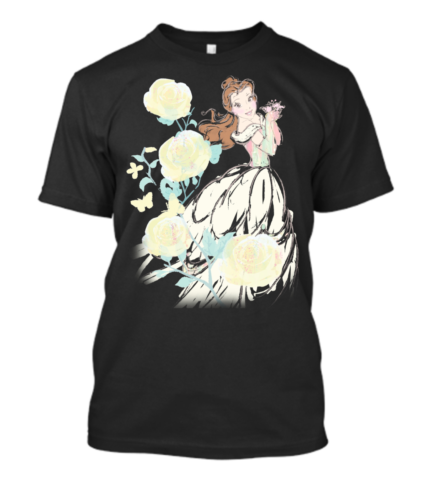 Disney Beauty The Beast Belle Yellow Watercolor Rose Butterfly T-Shirt