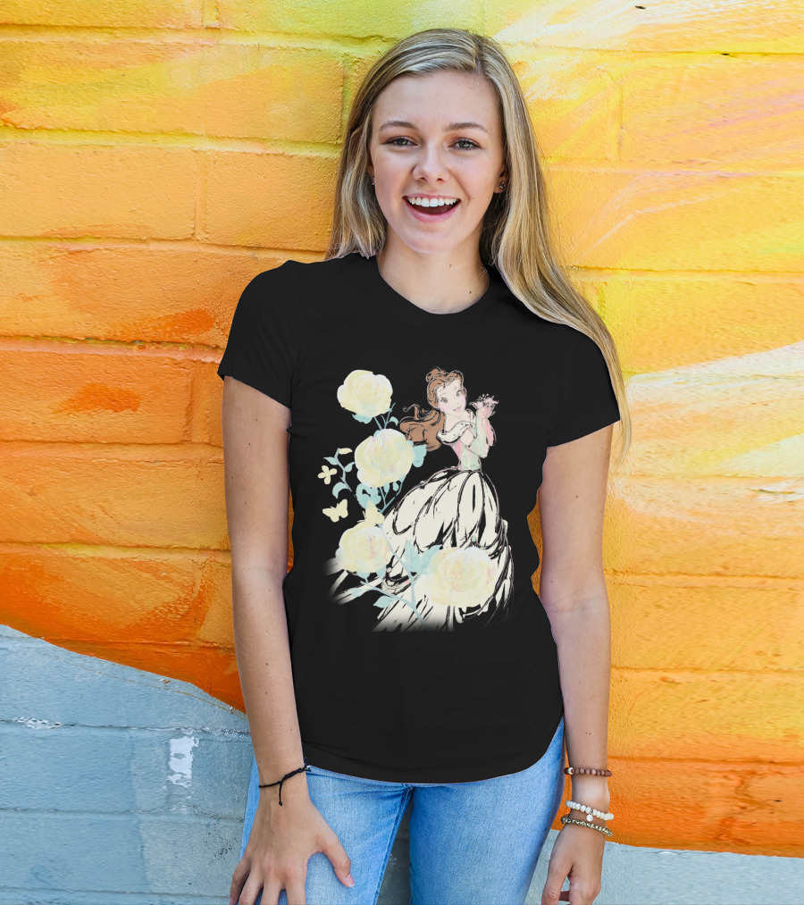 Disney Beauty The Beast Belle Yellow Watercolor Rose Butterfly T-Shirt