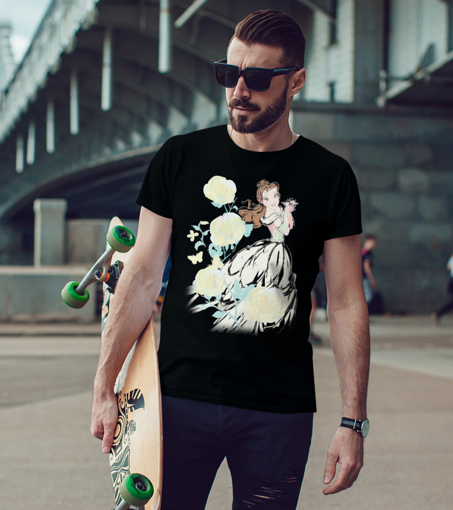 Disney Beauty The Beast Belle Yellow Watercolor Rose Butterfly T-Shirt